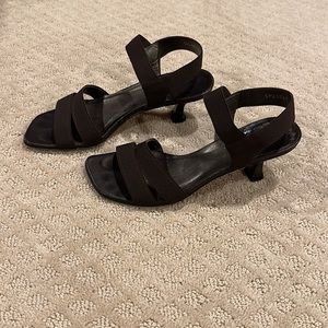Stuart Weitzman brown crepe stretch kitten heel sandal